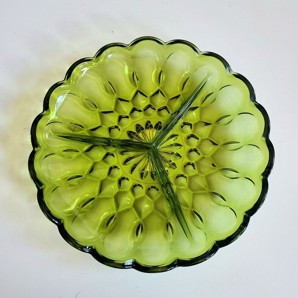 Anchor Hocking Avocado Green Depression Glass divided 3 parts plate dish.